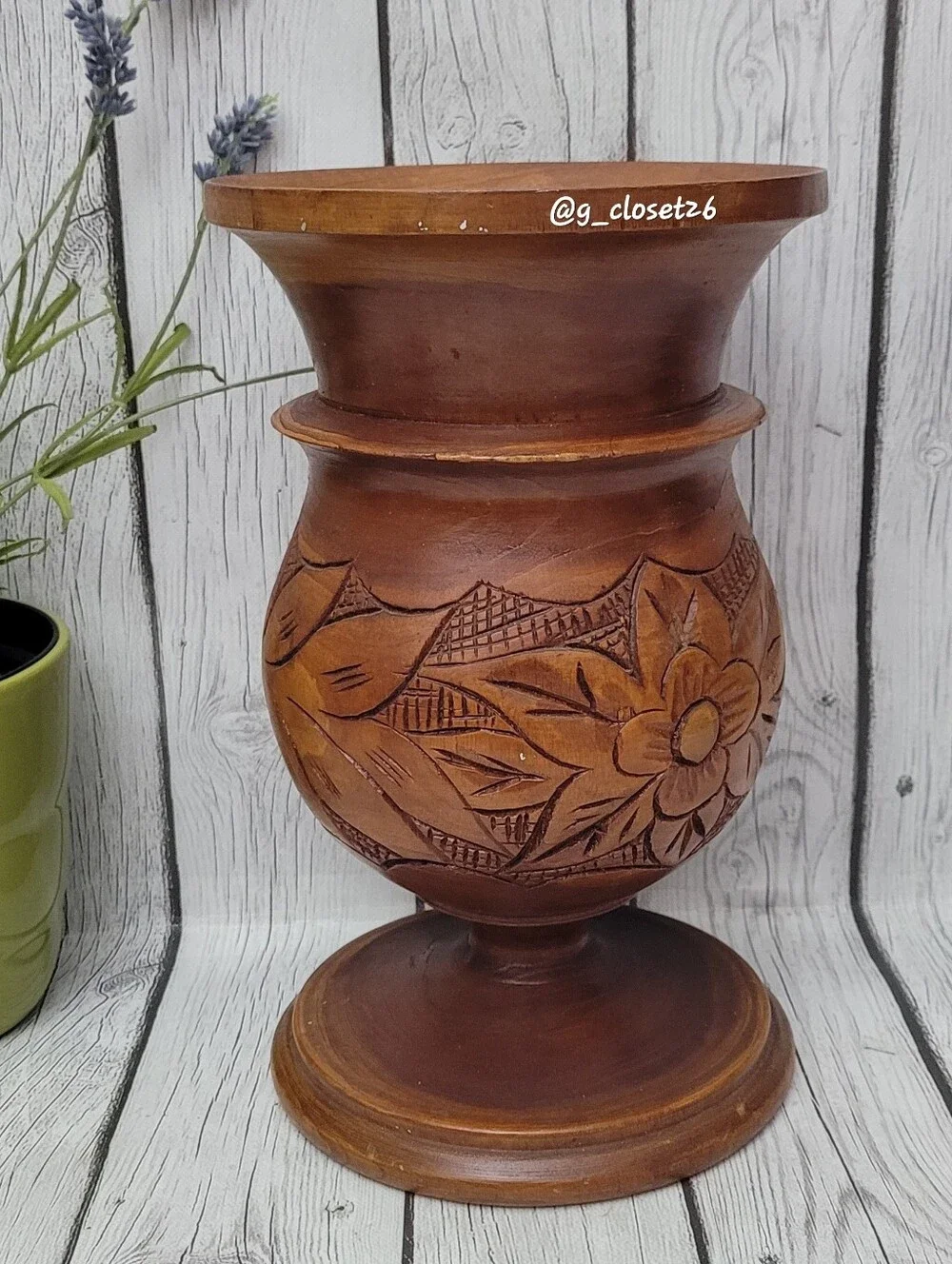 Handcrafted Brown Carved Wood Decorative Urn - Home Accents